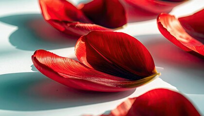 Several vibrant red tulip petals are artfully arranged on a smooth, light blue surface, casting soft shadows.