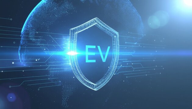 EV Shield: A digital shield bearing the letters EV floats in a futuristic scene, symbolizing protection and security in the realm of electric vehicles, surrounded by luminous.