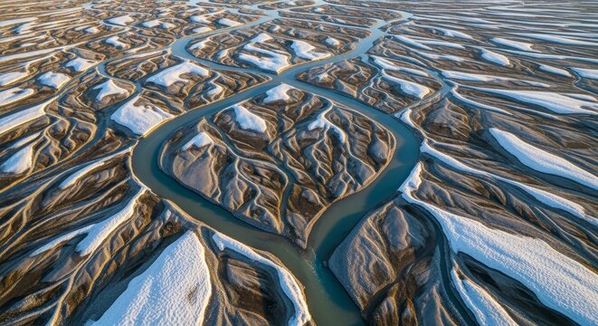 Aerial view of a braided river landscape with snow patches featuring turquoise water channels and textured alluvial plains
