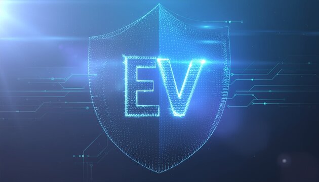 EV Security Shield: A futuristic digital shield protects the inscription 'EV,' symbolizing the safeguarding of electric vehicles with advanced security technologies. - Powered by Adobe