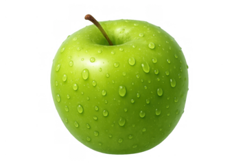 Fresh green apple with natural water drops on its skin, symbolizing healthy and organic food choices