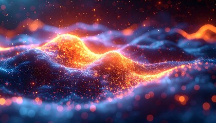 Abstract wavy landscape with glowing orange and blue particles floating above