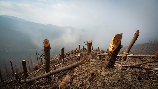 Deforested landscape with tree stumps and foggy mountains in the background, showcasing the impact of logging on natural ecosystems and environmental changes