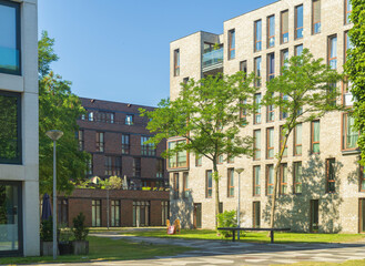 different types of residence buildings in Funenpark, summer Amsterdam