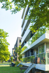 row of residence buildings in Funenpark, summer Amsterdam