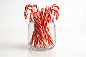 Candy canes in a clear glass jar on white background. Use for Christmas ads, holiday food promotions, festive packaging, seasonal social media campaigns.