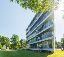 a residence buildings in Funenpark, summer Amsterdam