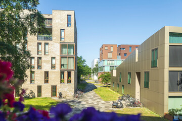 different types of residence buildings in Funenpark, summer Amsterdam
