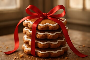 Stack of iced gingerbread cookies wrapped in red ribbon. Use for Christmas gift ideas, holiday baking promotions, festive packaging design, winter food marketing.