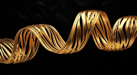 Gold patterned ribbon coils in a sinuous twisting design against a black fabric backdrop The metallic material reflects light