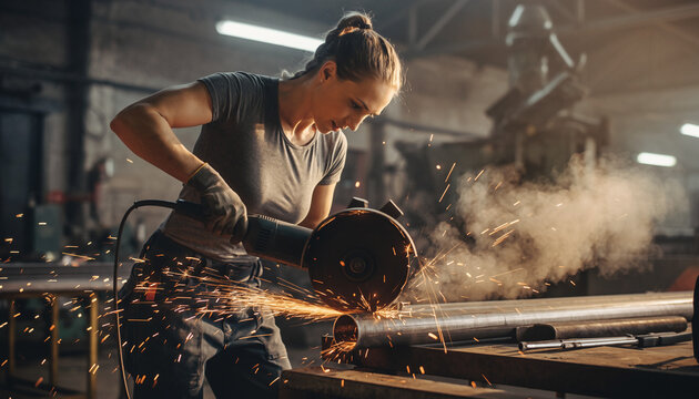 Empowered woman grinding metal with sparks flying, she's a skilled tradeswoman in a workshop, showcasing strength and precision in modern industry work