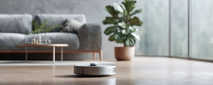 Automated cleaning solution in a modern living room. Spotless home with robot vacuum cleaner. Interior shot symbolizes convenience, automation and efficiency. - Powered by Adobe