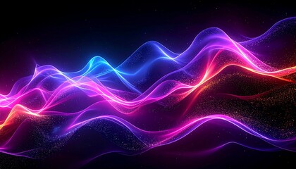 Abstract, wavy light ribbons glow brightly in vibrant blue, pink, and orange hues against a dark space background