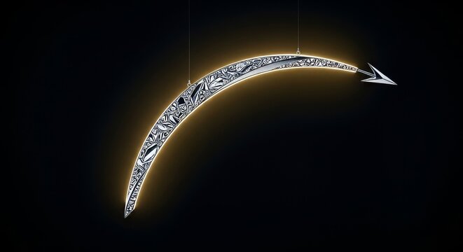 Illuminated ornate silver arc with arrow tip suspended against a dark background