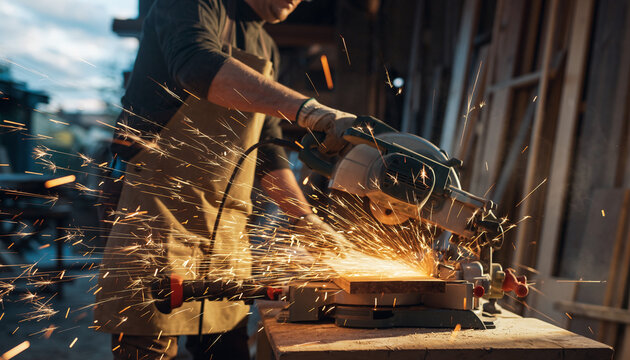 Craftsman skillfully cutting wood with sparks flying, showcasing precision and expertise, ideal for construction, woodworking, and skilled trades visuals