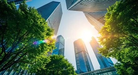 Looking up at towering skyscrapers surrounded by lush green trees under a bright, sunlit sky, symbolizing urban nature and sustainability