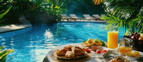 Tropical Poolside Breakfast Spread with Pastries, Fresh Fruit, and Orange Juice at a Luxury Resort