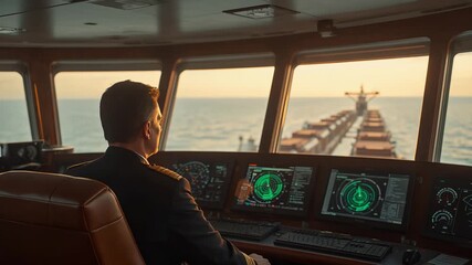 Skipper observes horizon while navigating tranquil waters at sunrise