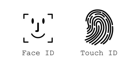 Face ID and touch iID icon set. Fingerprint sign. Identification icons. Facial recognition system, identification face. Finger scanner. Biometric verification. Vector.