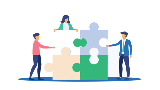 A diverse group of entrepreneurs collaborating and connecting ideas represented by puzzle pieces fitting together symbolizing teamwork and innovation in business