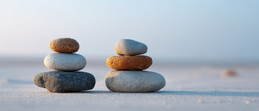 Balanced stacks of smooth multicolored stones on sandy surface with soft natural light and blurred background - Powered by Adobe