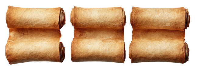 Three old papyrus scrolls, horizontal, with rolled edges