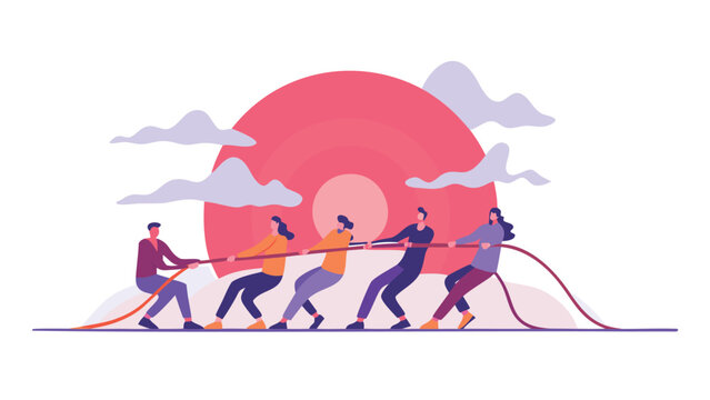Dynamic illustration of a determined team collaborating to pull a colossal rope symbolizing unity effort and shared goals in a challenging endeavor