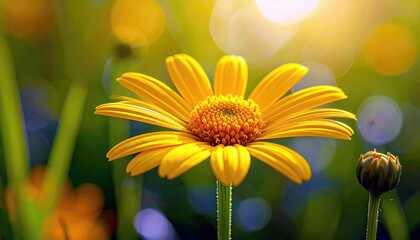 A bright yellow daisy with delicate petals is in focus, set against a soft, blurred background of green foliage and warm bokeh lights.