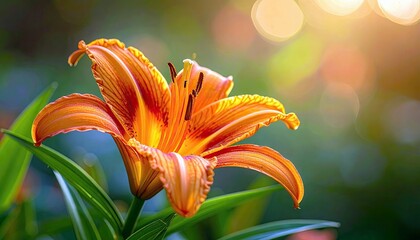 A single, brightly colored orange daylily flower is shown in sharp focus against a softly blurred background of green foliage and warm bokeh lights.