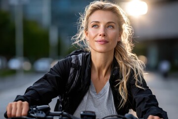 Woman riding bicycle in urban area during late afternoon with a confident expression