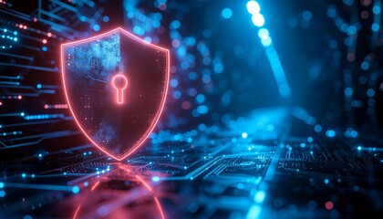 Digital Fortress: A glowing shield symbol, overlaid upon an intricate digital circuit board, epitomizes the strength and security of technological infrastructure.