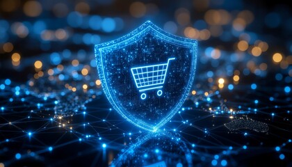 E-commerce Security Shield: A digital shield illuminated with a shopping cart, symbolizing security and protection in online shopping, showcasing the safety and security of online transactions.