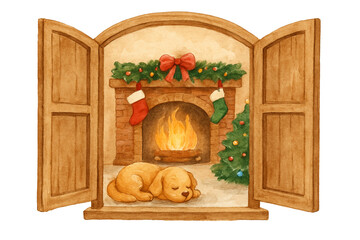 Cozy Christmas Fireplace View Through an Open Window
