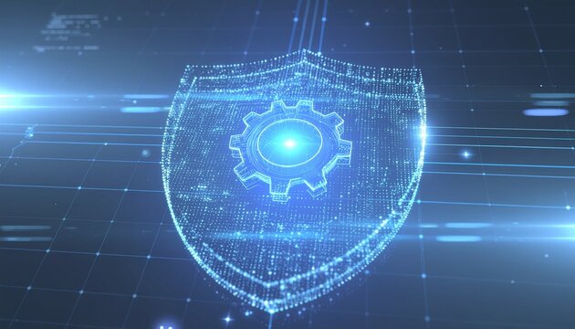 Cyber Security Shield: A digital shield illuminated with intricate lines and gears represents robust security, protecting against unseen threats.