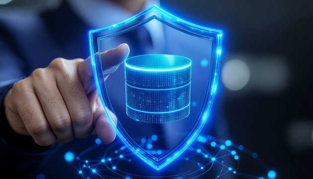 Data Protection: A hand touches a glowing digital shield, symbolizing secure databases and data protection in the digital age.