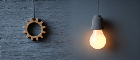 Illuminated light bulb hanging next to a wooden gear on textured gray wall symbolizing innovation and mechanical ideas