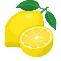 Two Bright Yellow Lemons One Whole And One Halved With Green Leaves And Stems On A Transparent Background