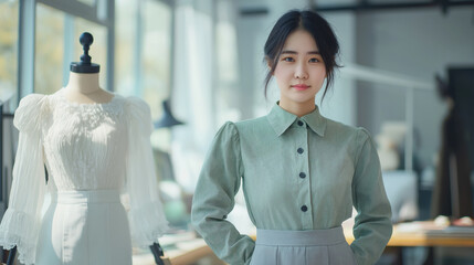 Young Asian fashion designer stands confidently next to a white dress on a mannequin in her brightly lit atelier
