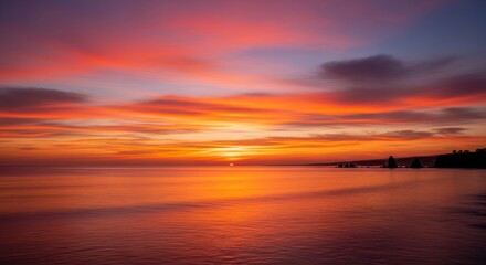 Obraz premium Vibrant Sunset Over Calm Ocean Waters With Dramatic Sky.