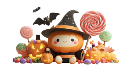Cute Halloween pumpkin character with witch hat surrounded by candy lollipops and glowing jack o lanterns isolated on white background