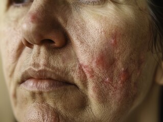 Naklejka premium Close-up of a person's face showing skin irritation and redness on the cheek