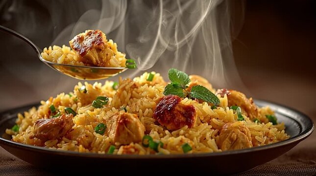 Steaming Chicken Biryani Close-Up, authentic biryani serving with rising steam, flavorful biryani dish in cinematic Indian food style