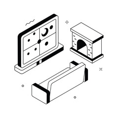 Christmas night with cozy fireplace and starlit window, trendy isometric illustration