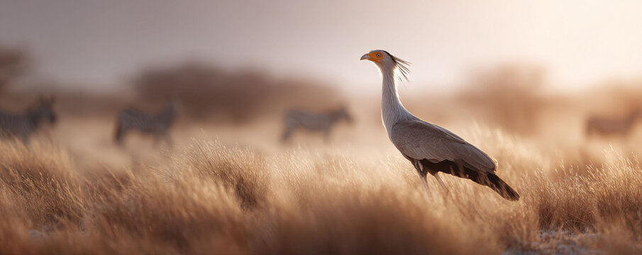 Elegant secretary bird stands tall in golden savanna grass, zebras blurred in background. Represents wildlife, conservation, nature photography, travel.