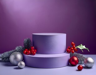 Empty purple podiums on lilac background with silver and red ball decorations and holly branches with red berries. Christmas concept