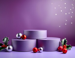 Empty purple podiums on lilac background with silver and red ball decorations and holly branches with red berries. Christmas concept