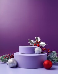 Empty purple podiums on lilac background with silver and red ball decorations and holly branches with red berries. Christmas concept