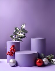 Empty purple podiums on lilac background with silver and red ball decorations and holly branches with red berries. Christmas concept