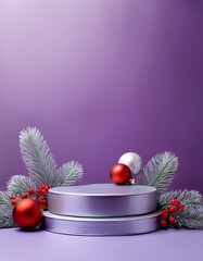 Empty purple podiums on lilac background with silver and red ball decorations and holly branches with red berries. Christmas concept