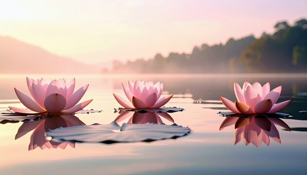 Three pink water lilies bloom on a tranquil lake during a misty sunrise, reflecting in the still water.